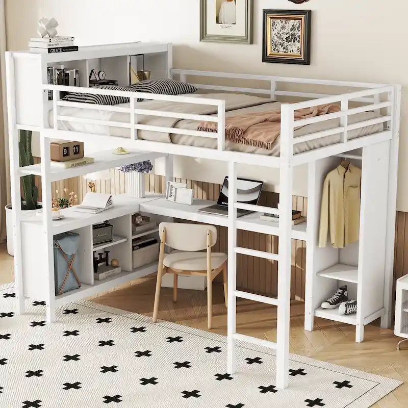 Cama alta de metal con armario y escritorio en L