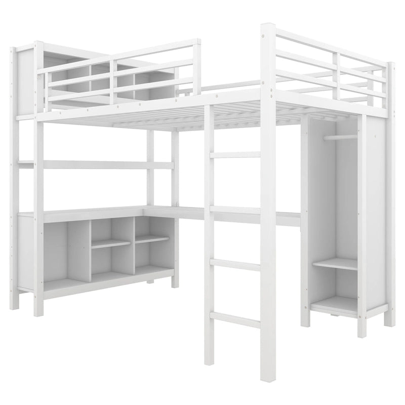 Cama alta de metal con armario y escritorio en L