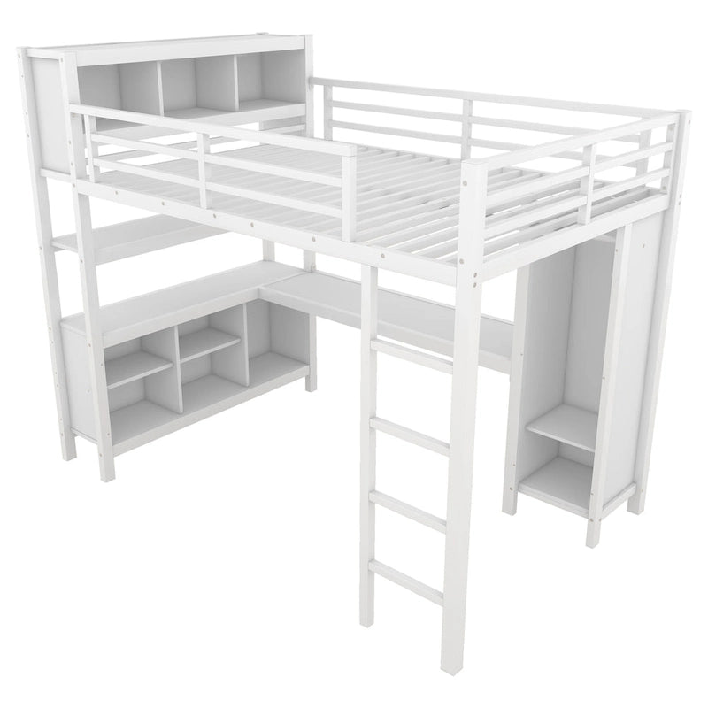 Cama alta de metal con armario y escritorio en L
