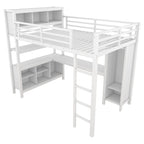 Cama alta de metal con armario y escritorio en L