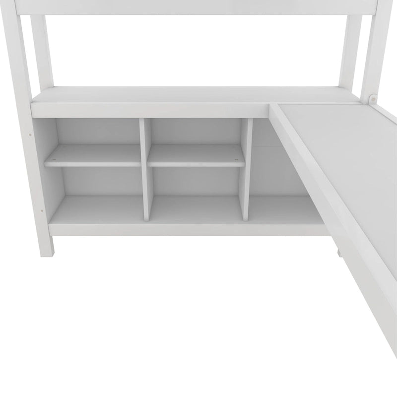 Cama alta de metal con armario y escritorio en L