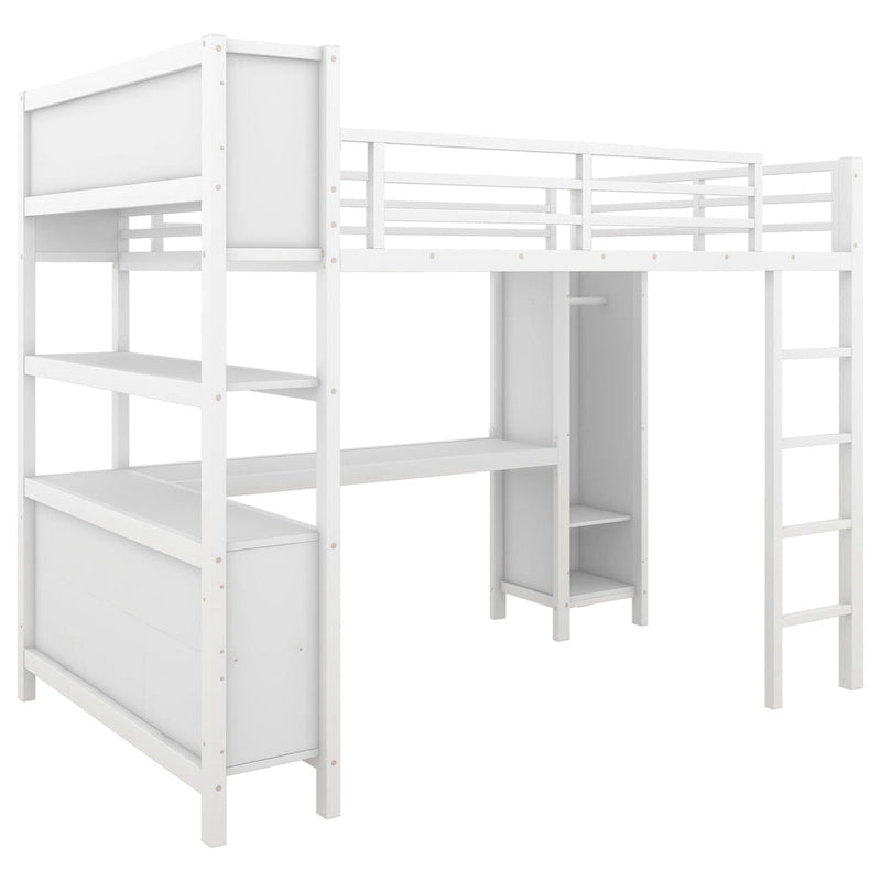 Cama alta de metal con armario y escritorio en L