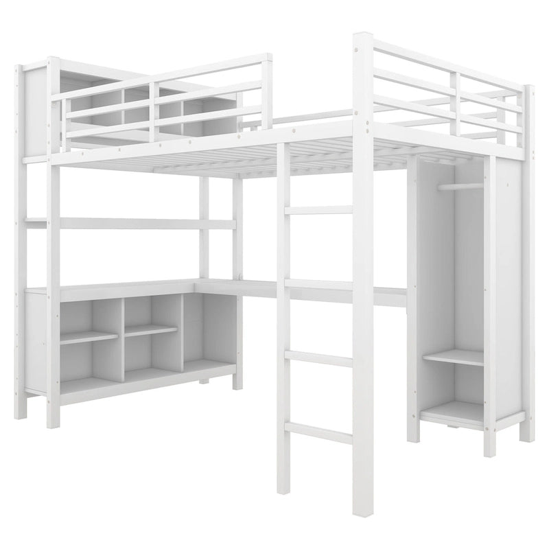 Cama alta de metal con armario y escritorio en L