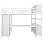 Cama alta de metal con armario y escritorio en L