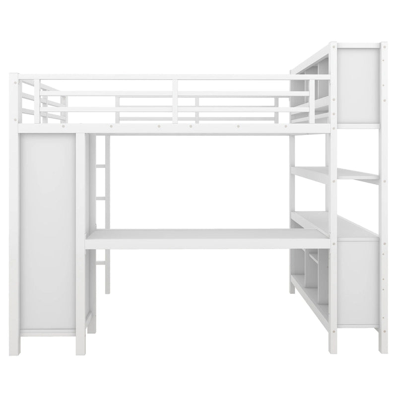 Cama alta de metal con armario y escritorio en L