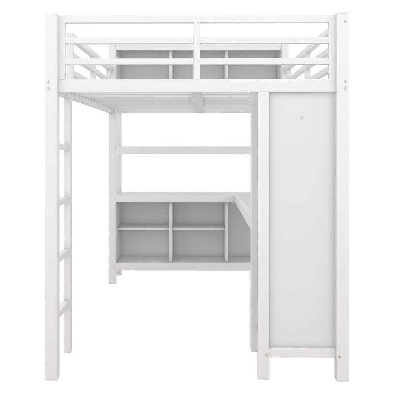 Cama alta de metal con armario y escritorio en L