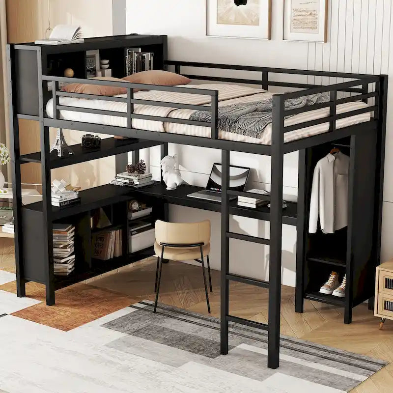 Cama alta de metal con armario y escritorio en L