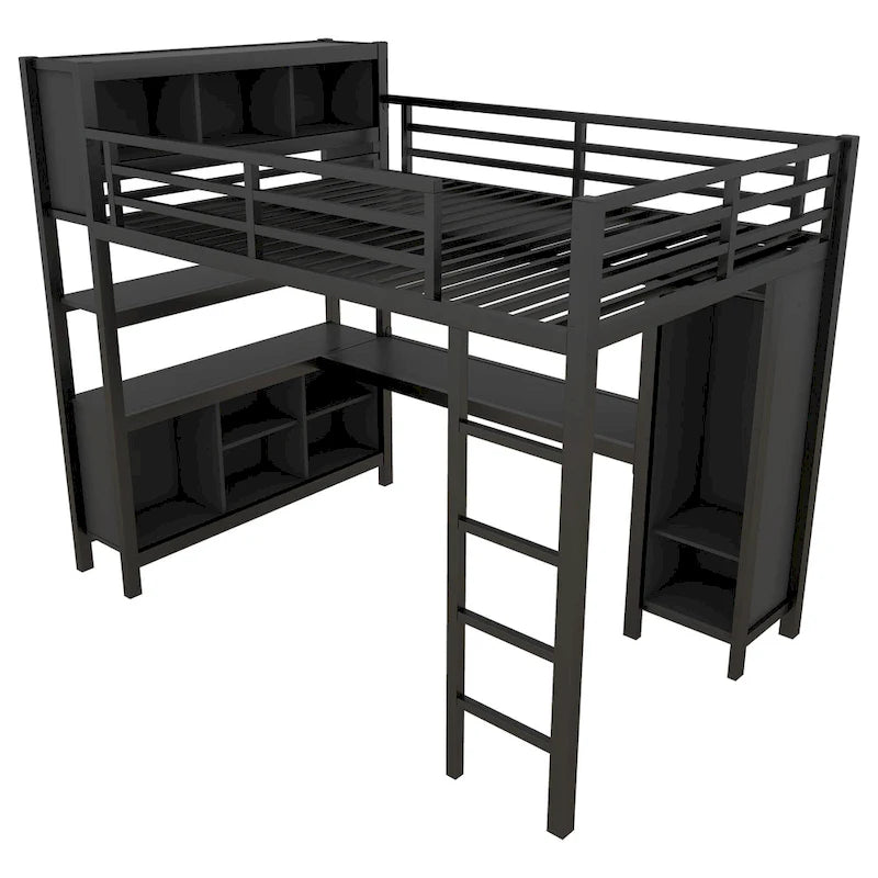 Cama alta de metal con armario y escritorio en L