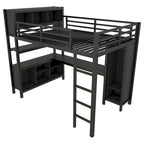 Cama alta de metal con armario y escritorio en L