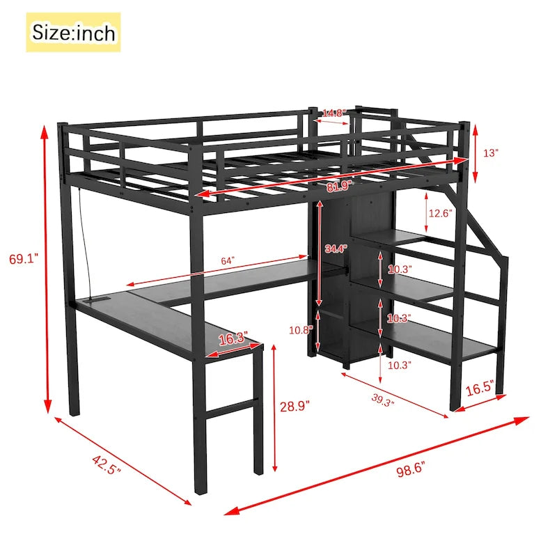 Cama alta Twin XL con escritorio en forma de L y USB