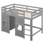 Cama alta doble de madera con armario de almacenamiento integrado y 2 ventanas