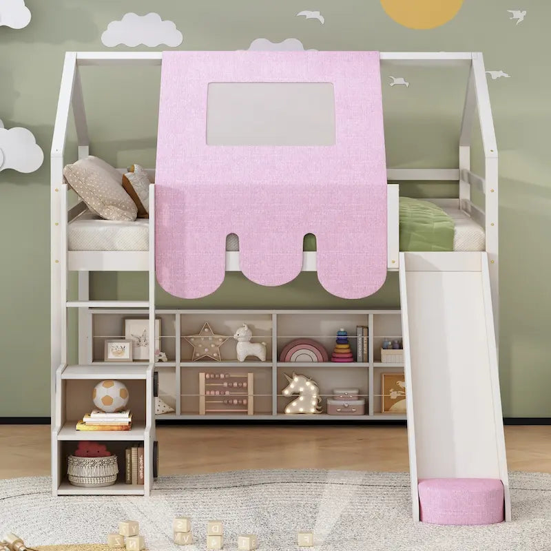 Cama alta de madera de tamaño completo con forma de casa y tienda de campaña
