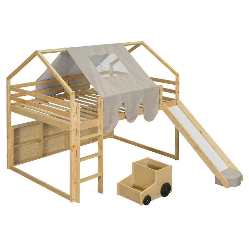 Cama alta de madera de tamaño completo con forma de casa y tienda de campaña