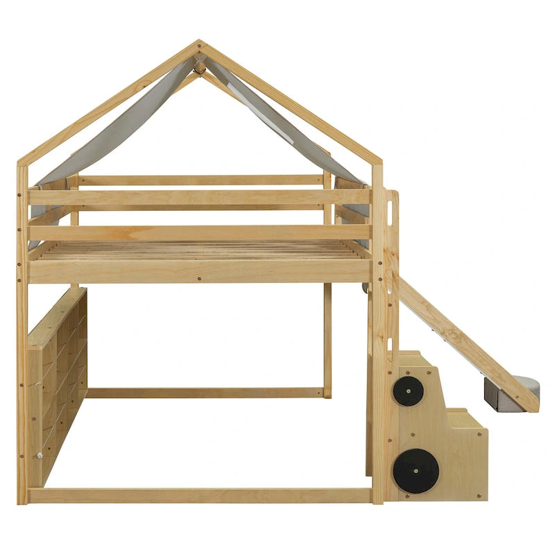 Cama alta de madera de tamaño completo con forma de casa y tienda de campaña