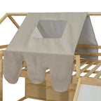 Cama alta de madera de tamaño completo con forma de casa y tienda de campaña