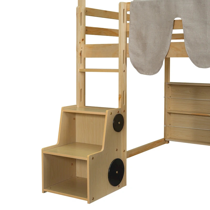 Cama alta de madera de tamaño completo con forma de casa y tienda de campaña