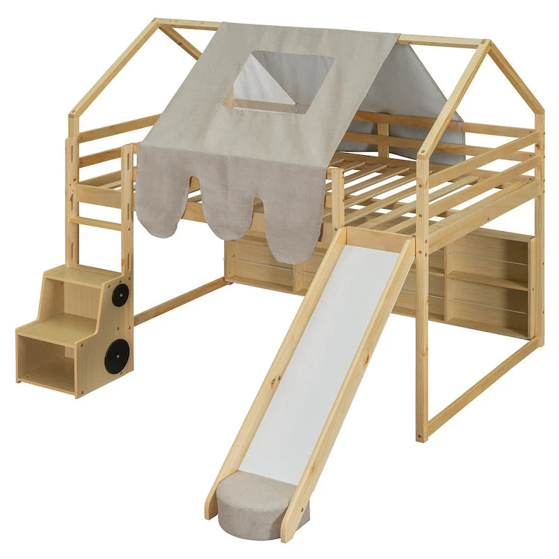 Cama alta de madera de tamaño completo con forma de casa y tienda de campaña