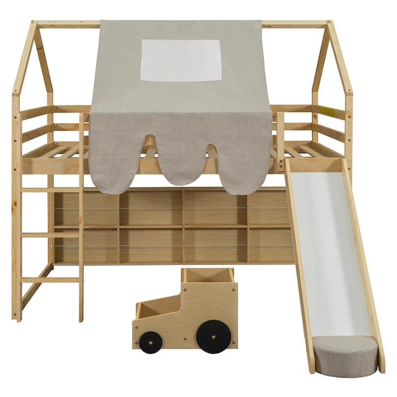 Cama alta de madera de tamaño completo con forma de casa y tienda de campaña