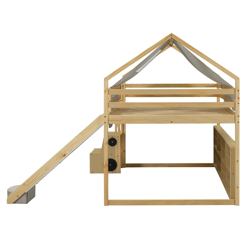 Cama alta de madera de tamaño completo con forma de casa y tienda de campaña