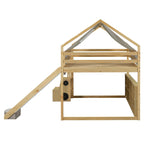 Cama alta de madera de tamaño completo con forma de casa y tienda de campaña