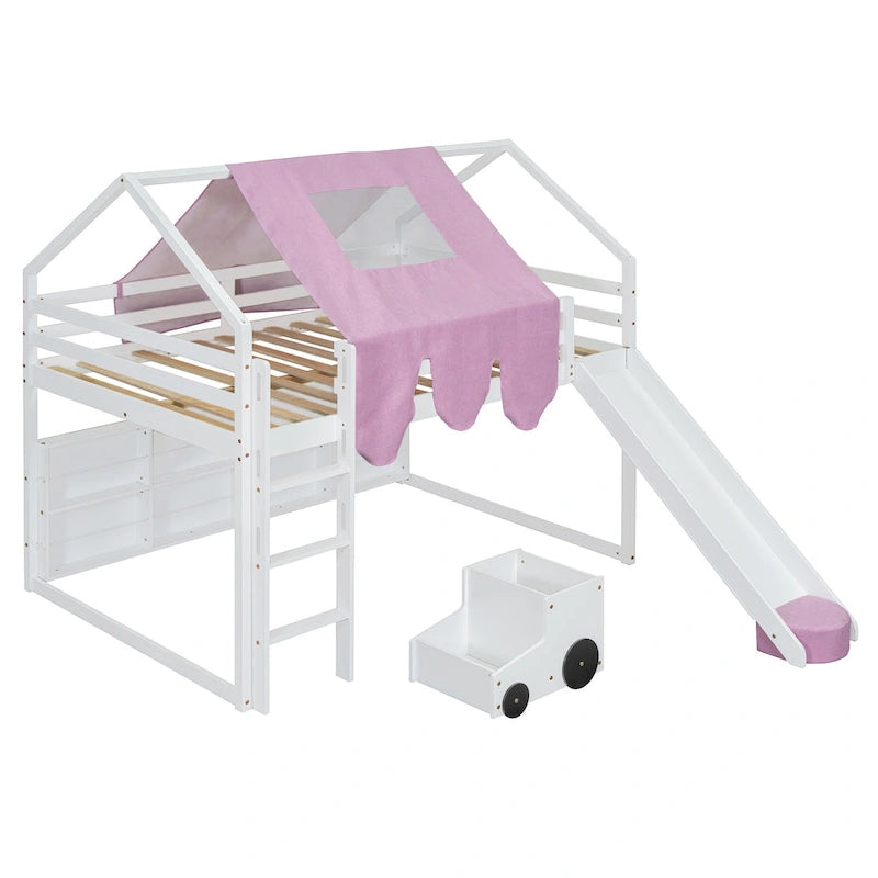 Cama alta de madera de tamaño completo con forma de casa y tienda de campaña