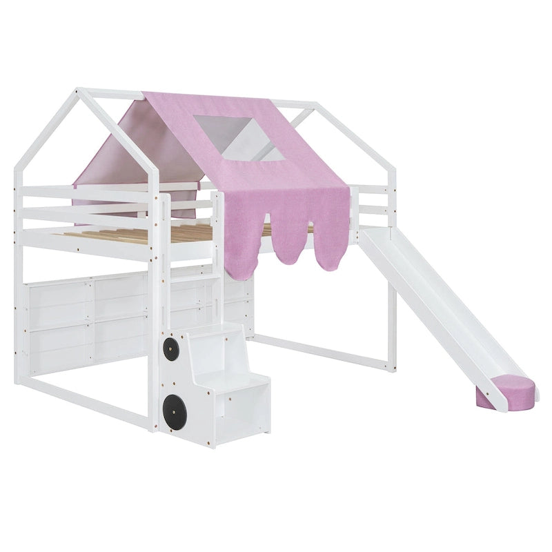 Cama alta de madera de tamaño completo con forma de casa y tienda de campaña