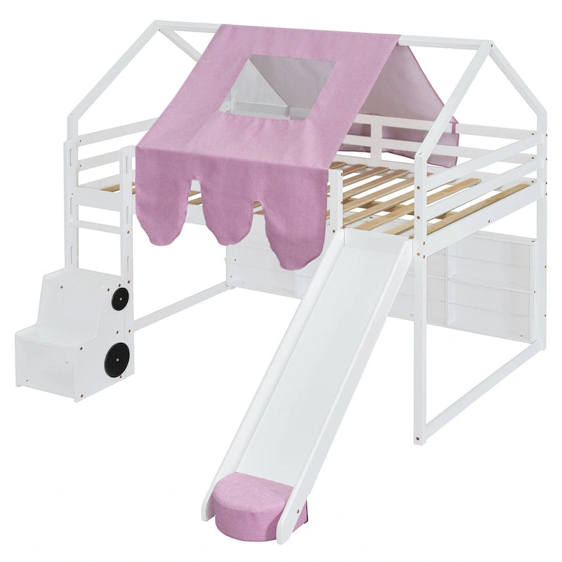 Cama alta de madera de tamaño completo con forma de casa y tienda de campaña