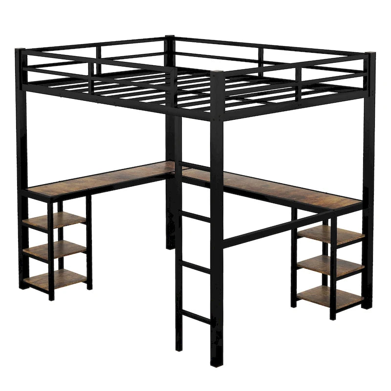 Cama alta metálica Full XL con escritorio y estantes