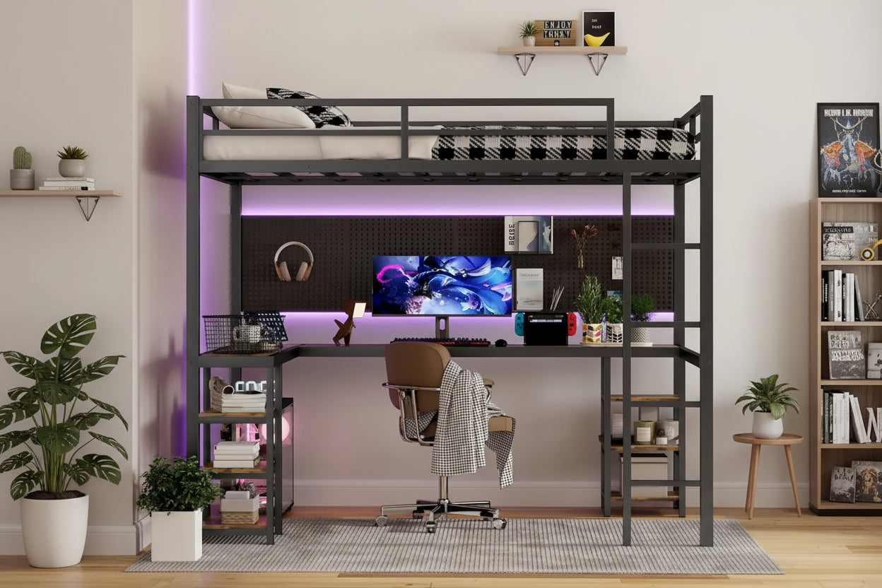 Full XL Metal Loft Bed with Desk and Shelves