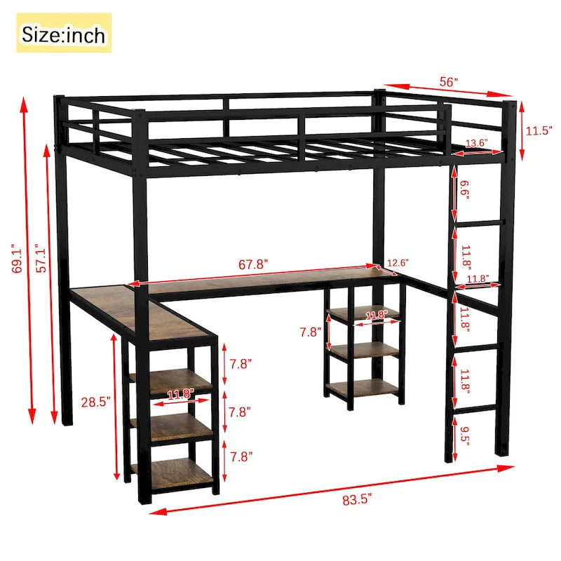 Cama alta metálica Full XL con escritorio y estantes