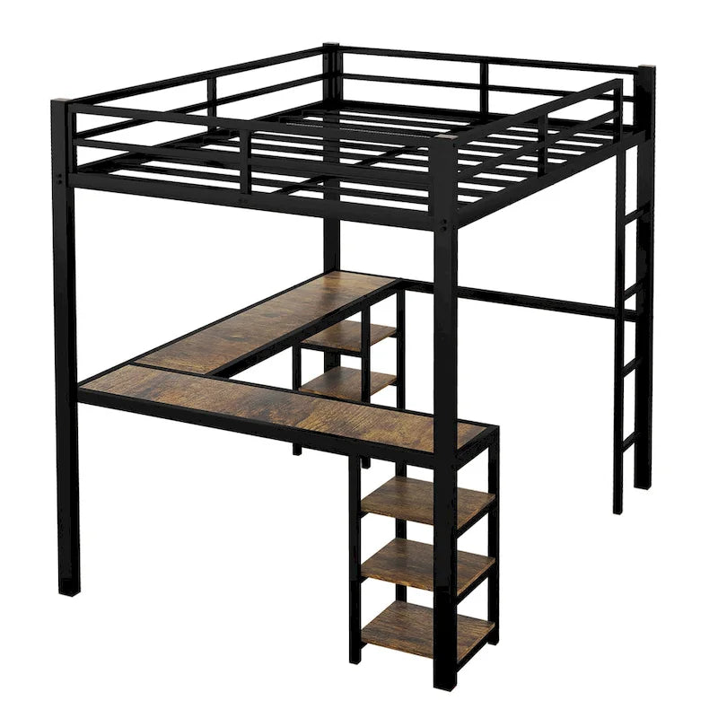 Cama alta metálica Full XL con escritorio y estantes