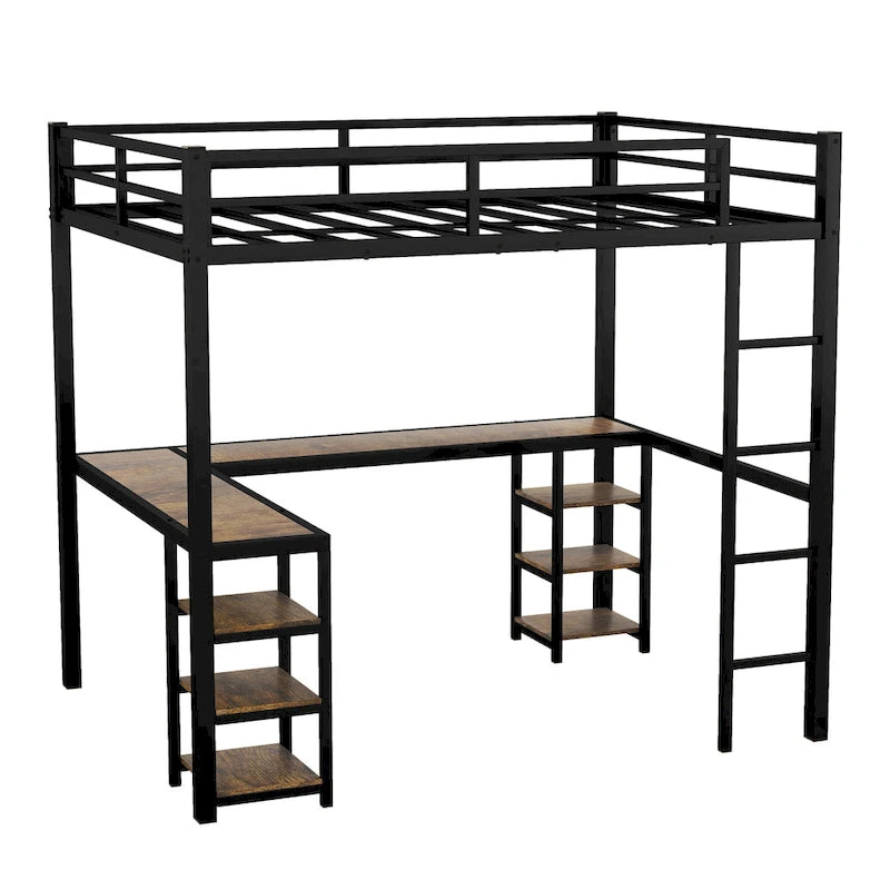 Cama alta metálica Full XL con escritorio y estantes