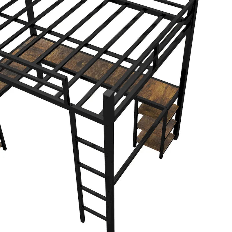 Cama alta metálica Full XL con escritorio y estantes