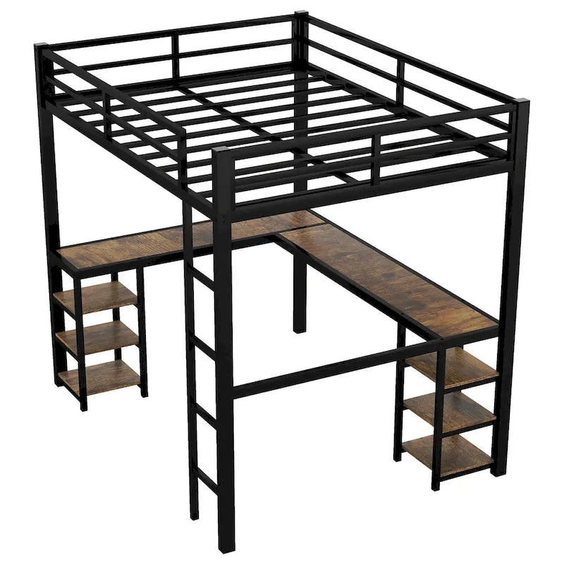 Cama alta metálica Full XL con escritorio y estantes