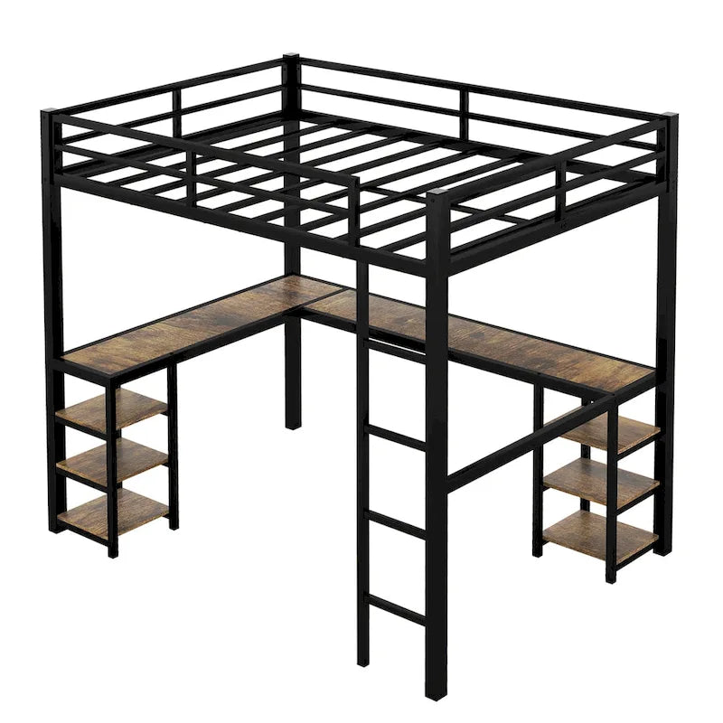Cama alta metálica Full XL con escritorio y estantes