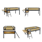Cama alta LED de metal tamaño individual con escritorio rectangular y estantes de almacenamiento