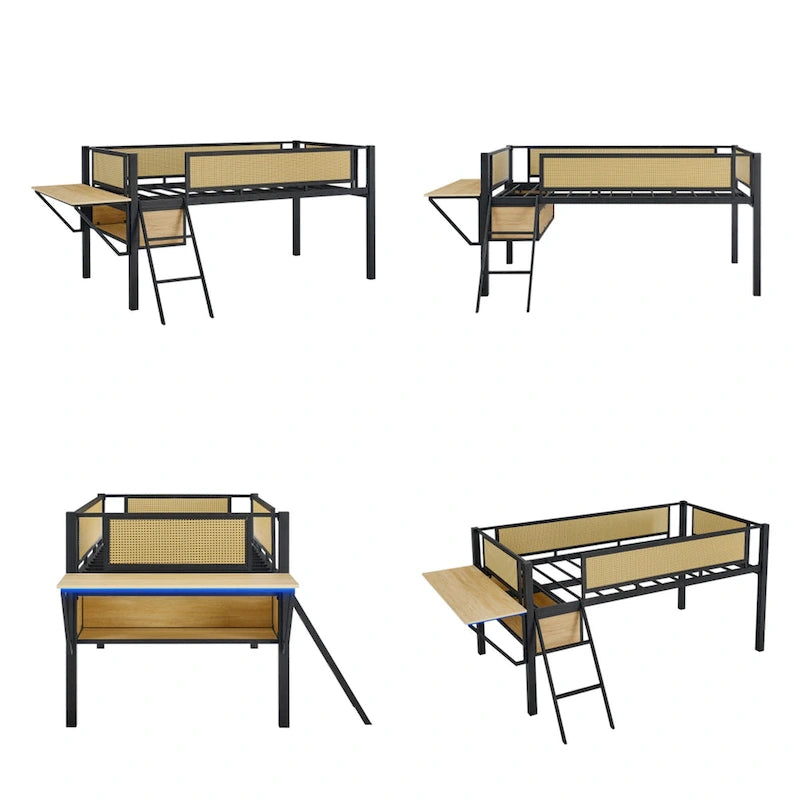 Cama alta LED de metal tamaño individual con escritorio rectangular y estantes de almacenamiento
