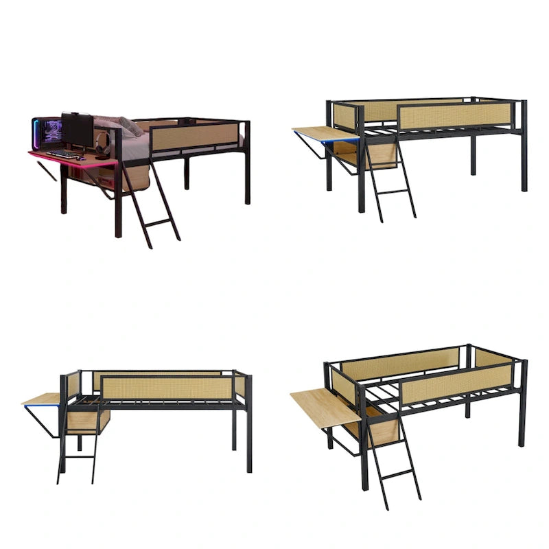 Cama alta LED de metal tamaño individual con escritorio rectangular y estantes de almacenamiento