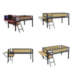 Cama alta LED de metal tamaño individual con escritorio rectangular y estantes de almacenamiento