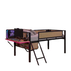 Cama alta LED de metal tamaño individual con escritorio rectangular y estantes de almacenamiento
