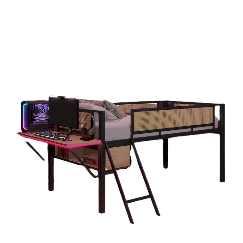Cama alta LED de metal tamaño individual con escritorio rectangular y estantes de almacenamiento