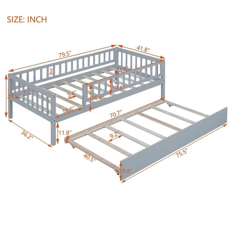 Sofá cama de madera con nido y barandillas de seguridad