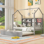 Cama infantil de madera individual con forma de casa y nido, con estantería