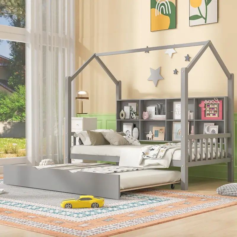 Cama infantil de madera individual con forma de casa y nido, con estantería