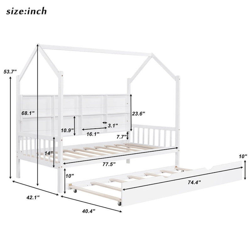 Cama infantil de madera individual con forma de casa y nido, con estantería