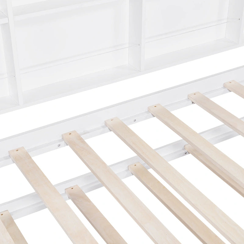 Cama infantil de madera individual con forma de casa y nido, con estantería