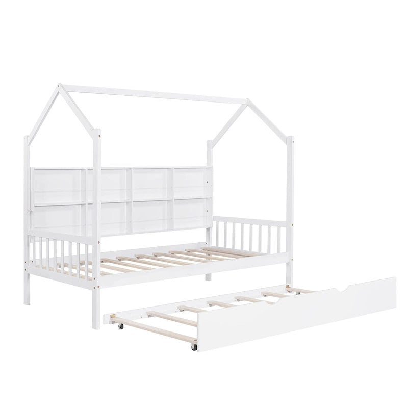 Cama infantil de madera individual con forma de casa y nido, con estantería