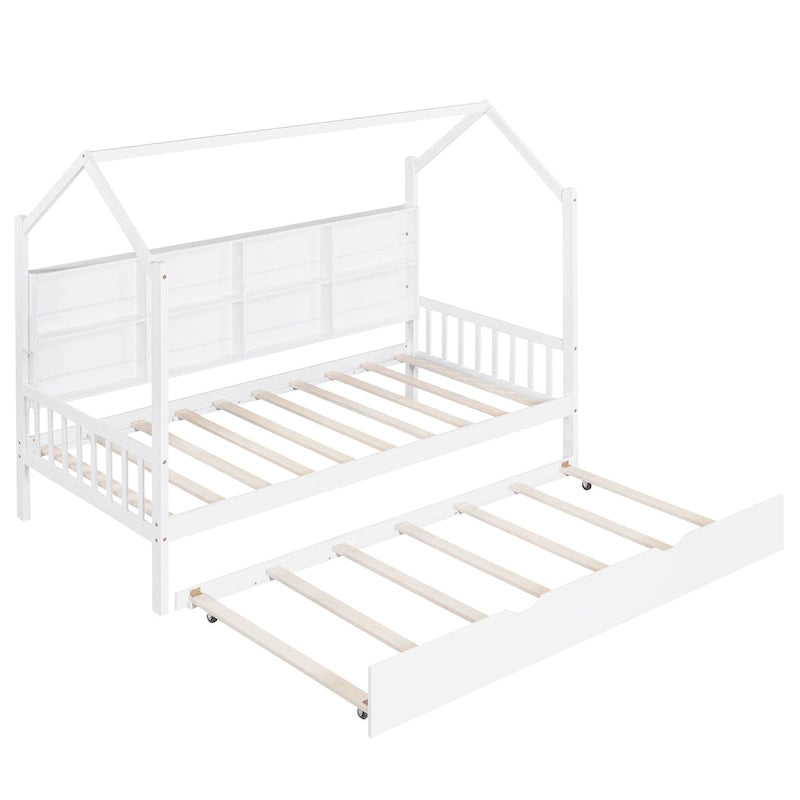 Cama infantil de madera individual con forma de casa y nido, con estantería