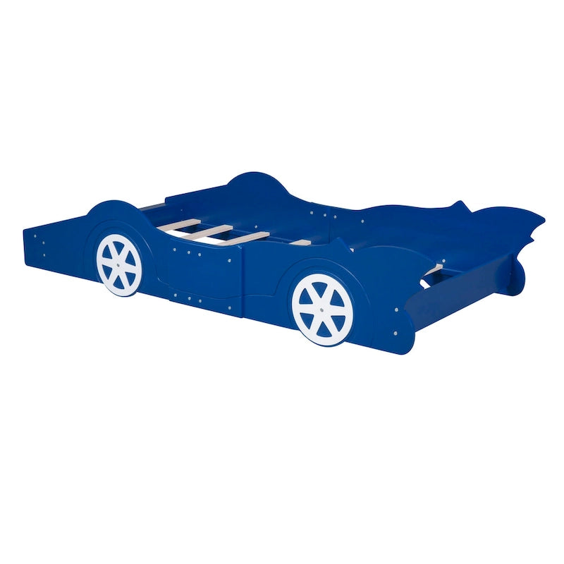 Cama plataforma con forma de coche de carreras y ruedas