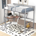 Cama alta de metal individual con escritorio en forma de L y estante